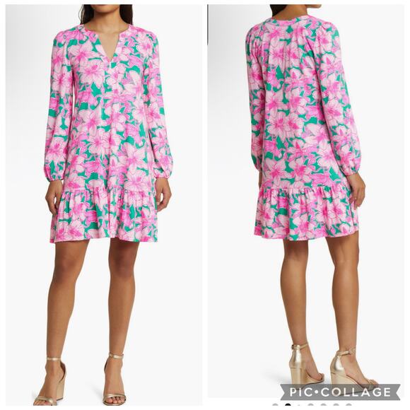Lilly Pulitzer Alyssa Hibiscus Print Long Sleeve Split Neck Cotton Dress XL - Picture 1 of 7